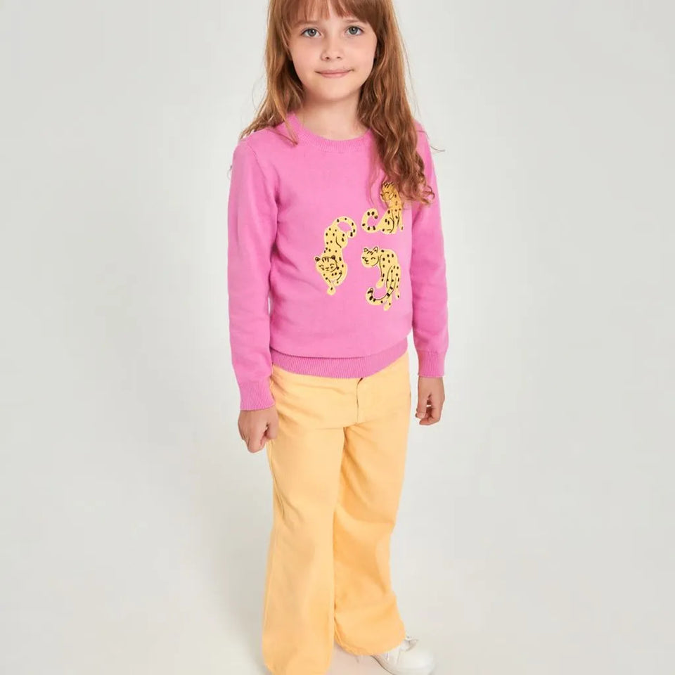 A young girl with long light brown hair stands against a plain light gray studio background, wearing a bright pink long-sleeve sweatshirt with a yellow leopard-print graphic on the front, paired with mustard yellow pants and white sneakers.