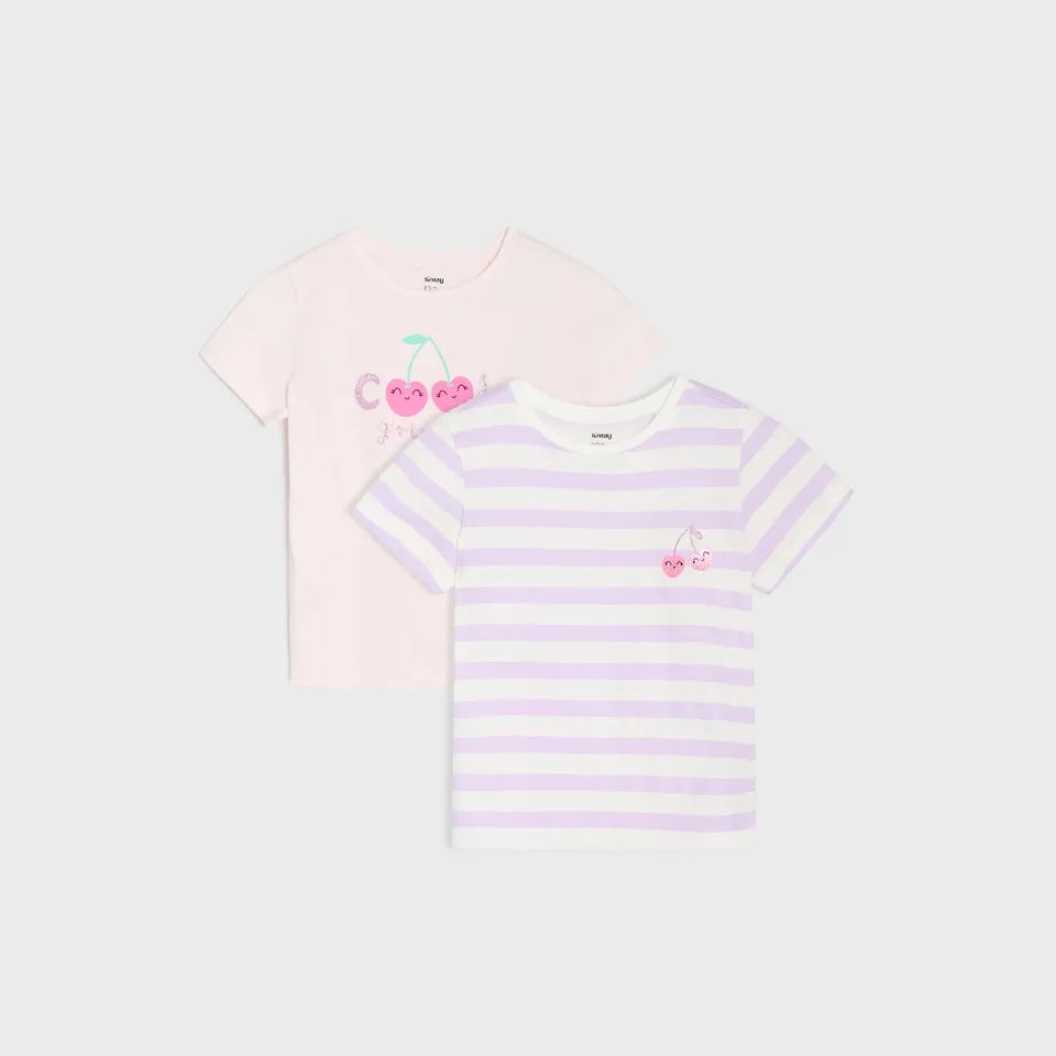 Sinsay Girl's Purple Striped & Pink Printed 2 Pack T-Shirt