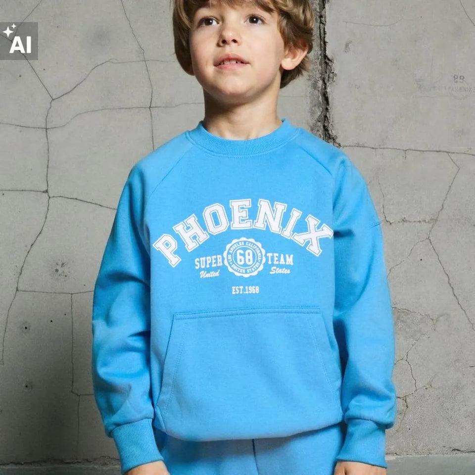A young boy wearing a bright blue crewneck sweatshirt with a white 'PHOENIX SUPER 60 TEAM' graphic on the front, standing against a textured concrete wall.