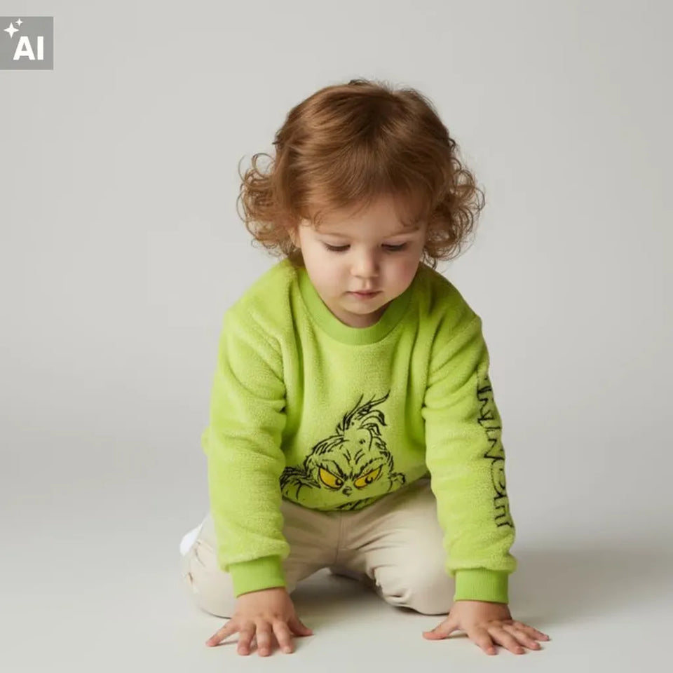 A toddler with curly light brown hair kneels on a light gray studio floor, wearing a bright lime green sweatshirt with a large Grinch-style graphic on the front and cream pants. A small 'AI' mark appears in the top-left corner.
