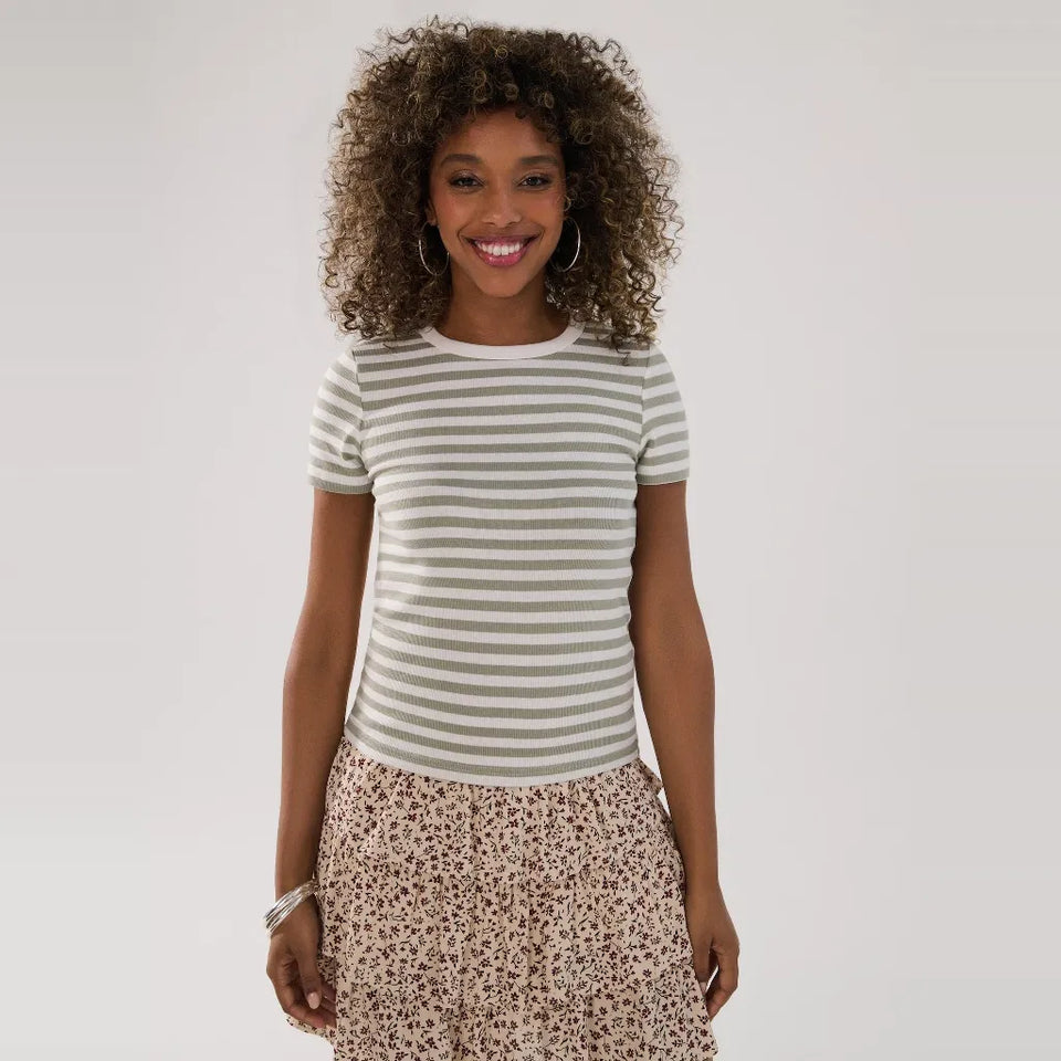 Sinsay Women's White & Sage Green Striped T-Shirt