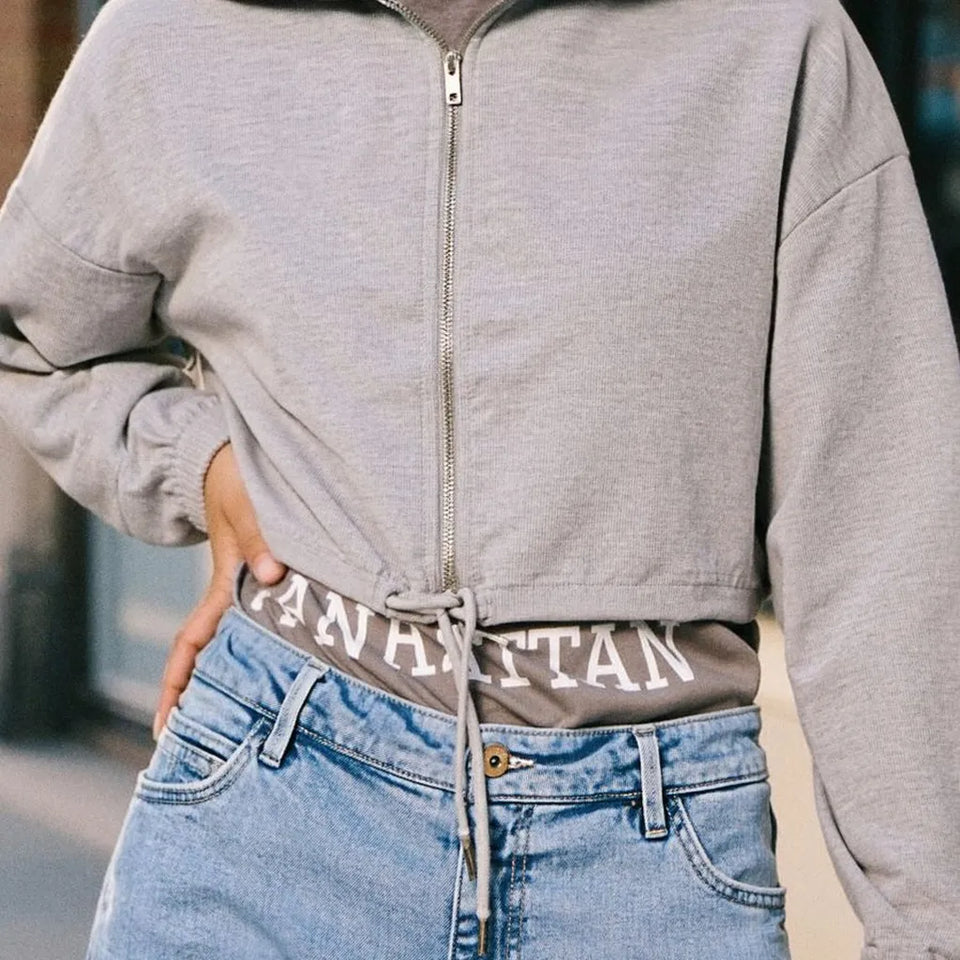 Sinsay Women's Light Grey Cropped Zip-Up Jacket