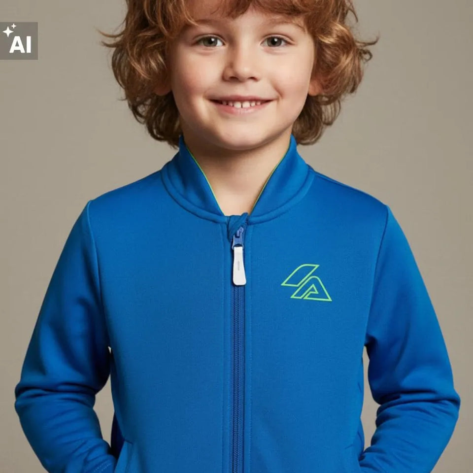 A smiling young boy with curly light brown hair wearing a bright blue zip-up jacket with a green and white stylized logo on the left chest, set against a solid warm gray background.