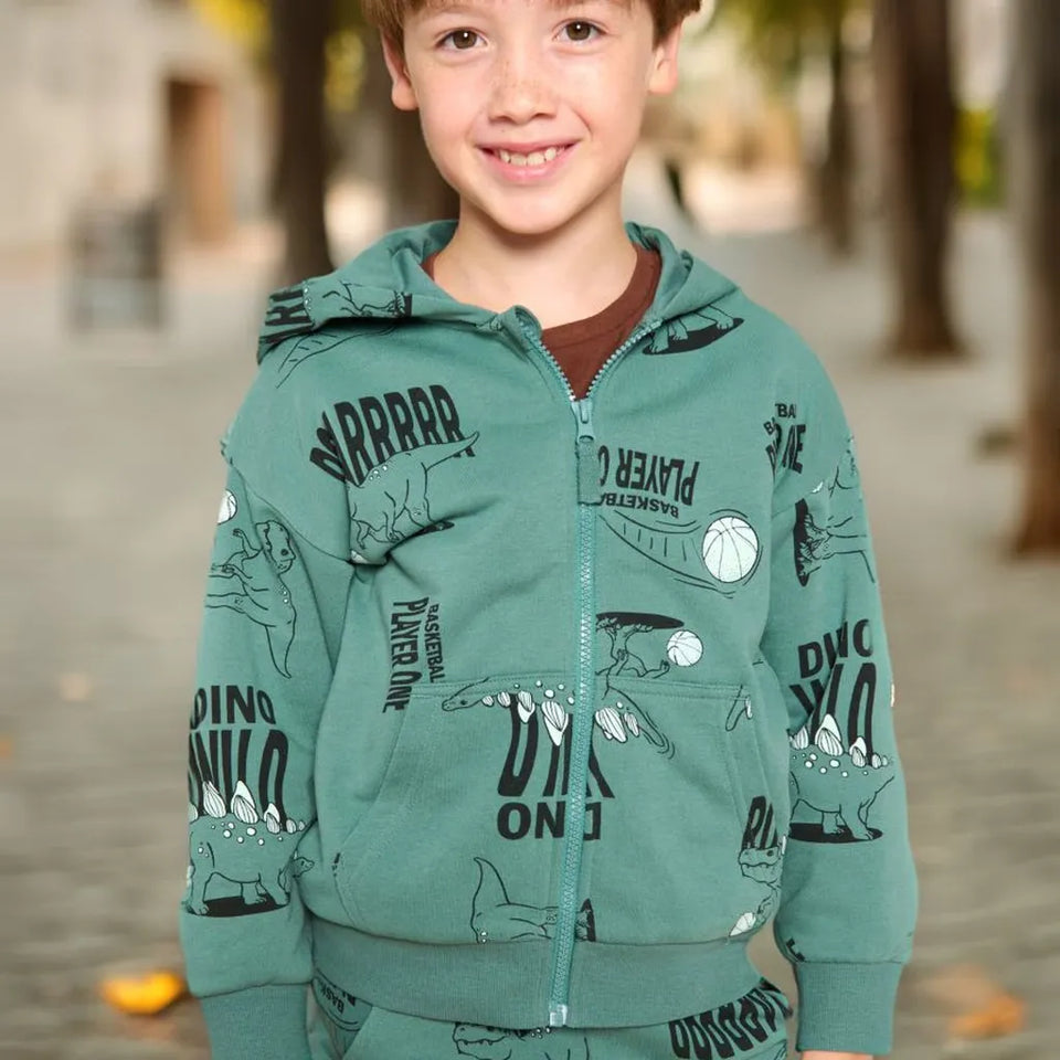A young boy wearing a green full-zip hooded sweatshirt with dinosaur and basketball graphics, standing outdoors in a blurred park setting.