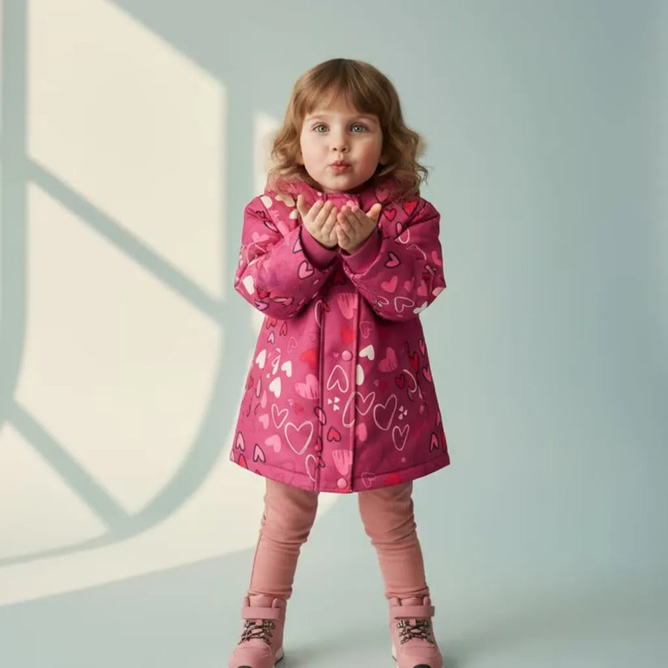 A young child wearing a pink hooded coat with a heart pattern, pink pants, and pink boots, standing against a pale blue-gray background with soft window shadows.