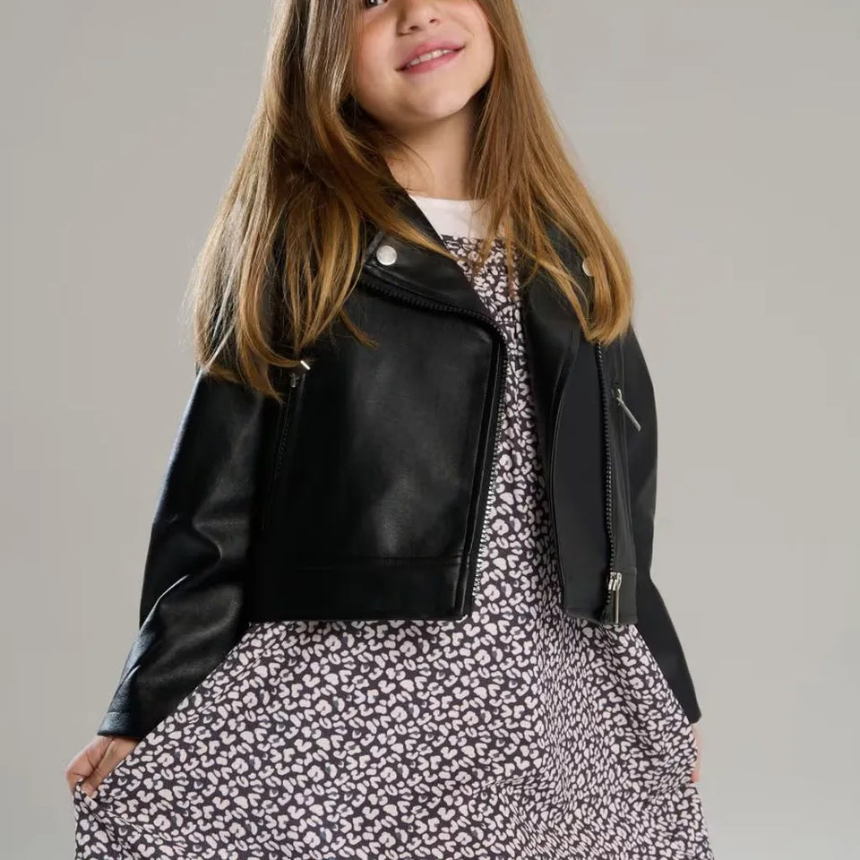 Sinsay Girl's Black Faux Leather Jacket with A Snap Button collar