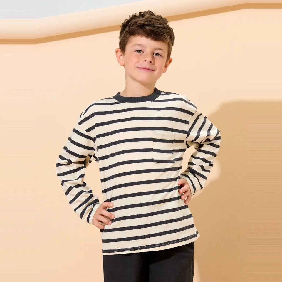 Sinsay Boy's Cream & Grey Crew Neck Chest Pocket Blouse