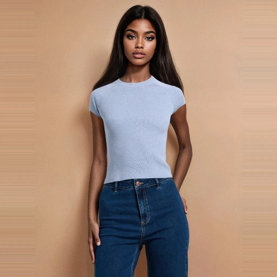 Sinsay Women Light Blue Ribbed Crew Neck T-Shirt