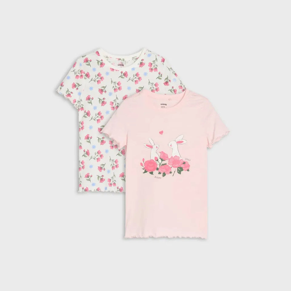 Sinsay Girl's White & Pink All-Over Printed 2-Pack T-Shirt