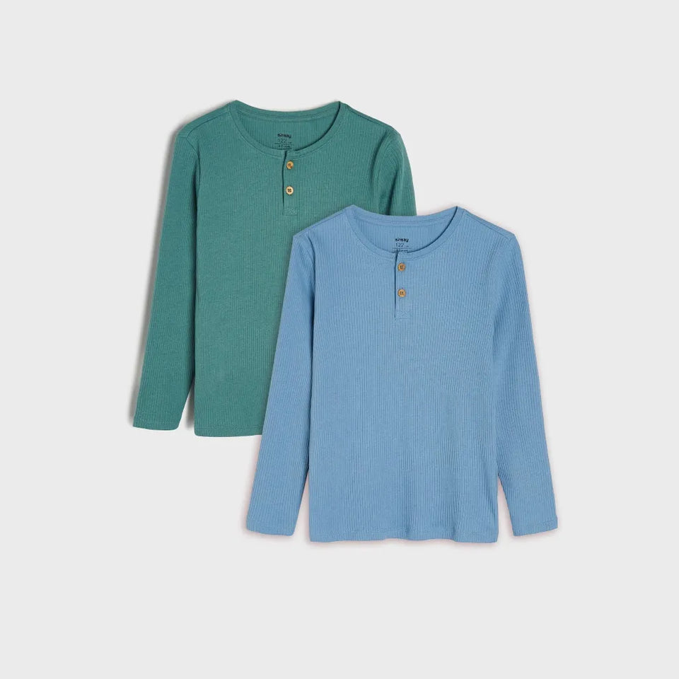 Sinsay Boys Green & Blue Rib-knit Henley Blouses