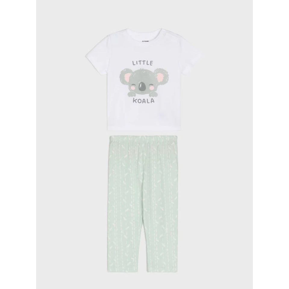 A two-piece children's outfit set featuring a white short-sleeve t-shirt with a cute koala graphic and the words 'LITTLE KOALA' printed on the front, paired with light mint green patterned pants, displayed on a neutral light gray background.