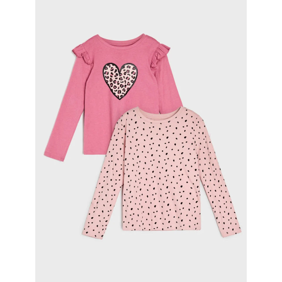 Two girls' long-sleeve tops in pink tones on a light gray background. The top on the left is medium pink with ruffled shoulders and a leopard-print heart on the chest.