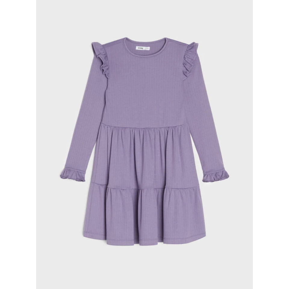 A long-sleeve lilac ribbed knit dress for toddlers, featuring ruffled shoulder details, a gathered waist, and a tiered skirt, shown against a light gray background.