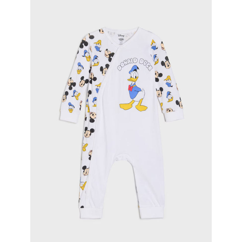 A white long-sleeve baby footless romper featuring a large Donald Duck graphic on the chest and an all-over Mickey Mouse print on the sleeves and sides, shown against a light gray background.