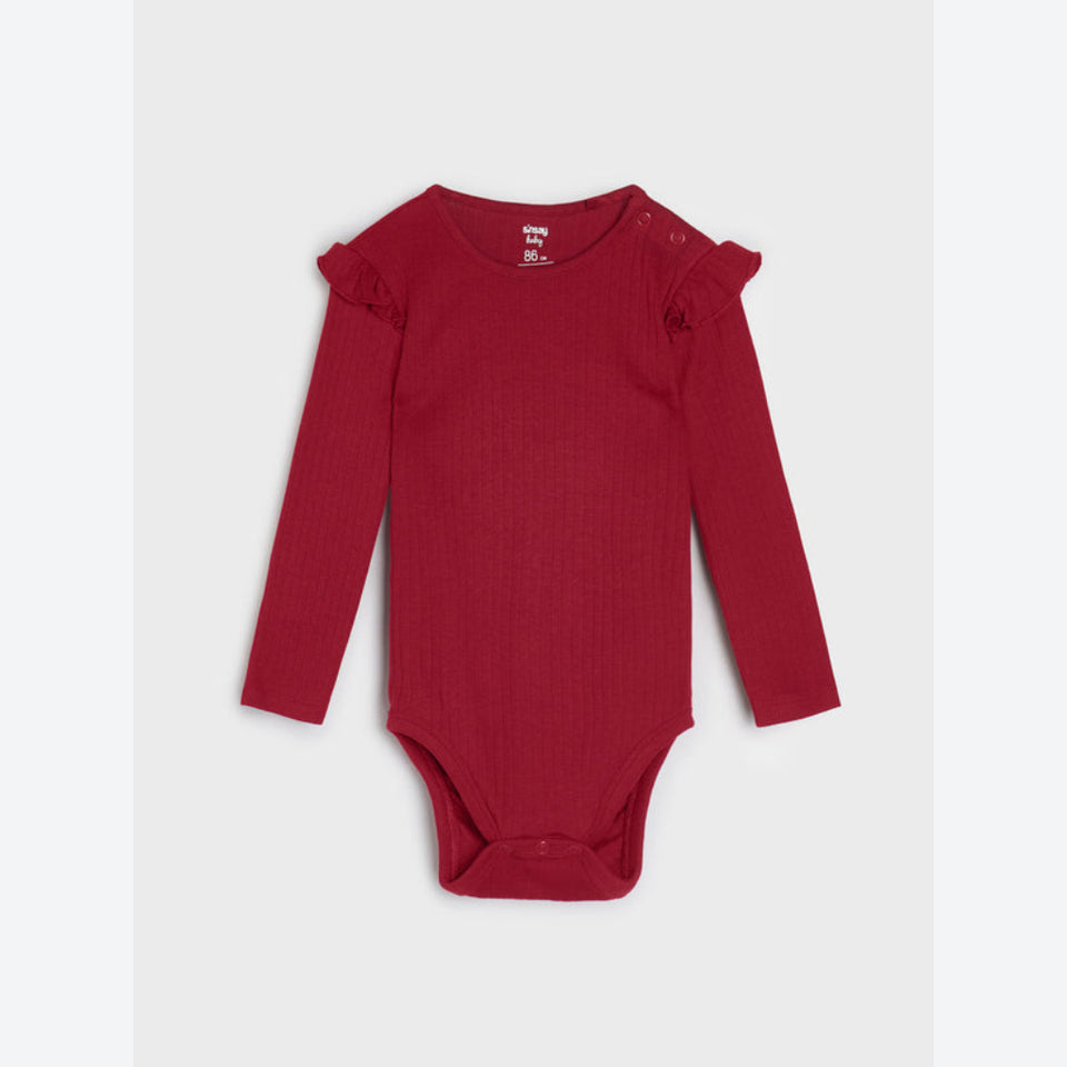 Sinsay Girl's Burgundy Ribbed Ruffle-Shoulder Long-Sleeve Bodysuit