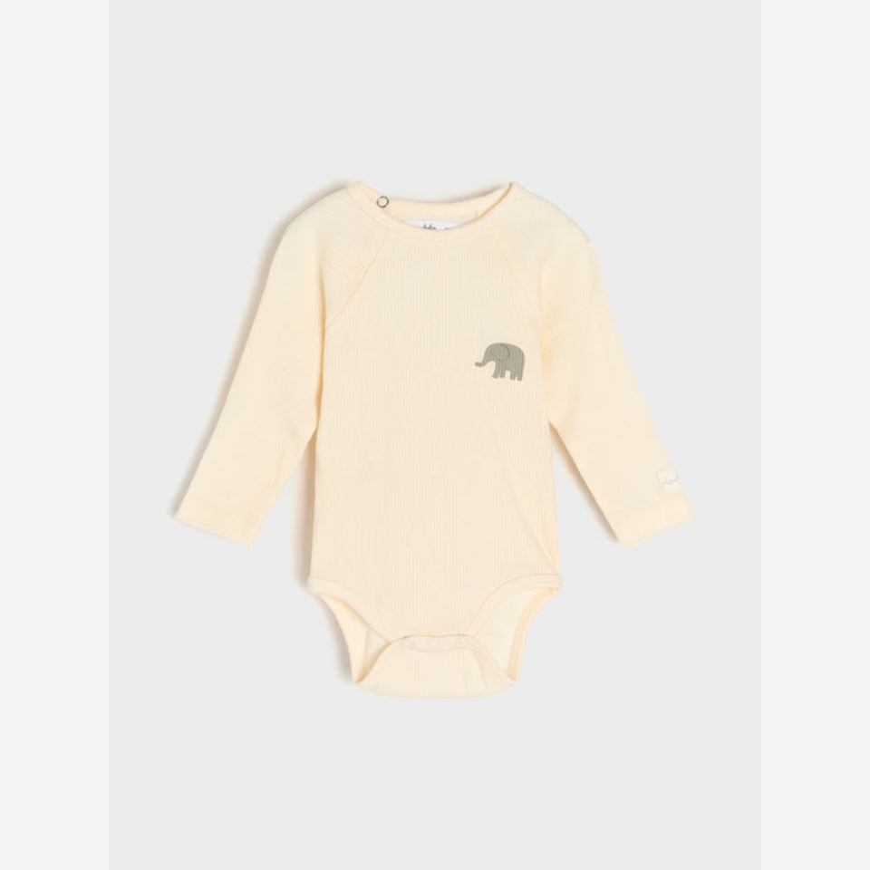 Sinsay Baby Girls’ Cream Elephant Embroidered Ribbed Long-Sleeve Bodysuit