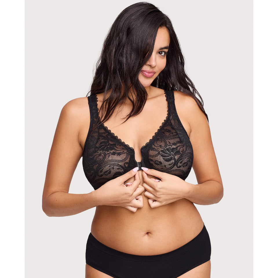 Glamorise Women's Black Front Closure Stretch Lace Wonderwire Bra