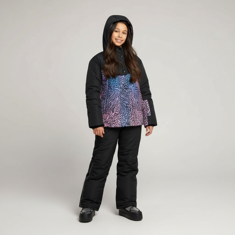 Girl wearing a multicolor hooded puffer ski jacket