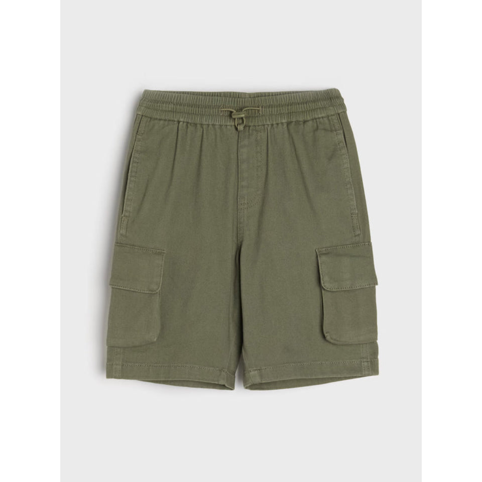 Olive green cargo shorts with an elastic waistband and side flap pockets, shown flat on a light gray background.