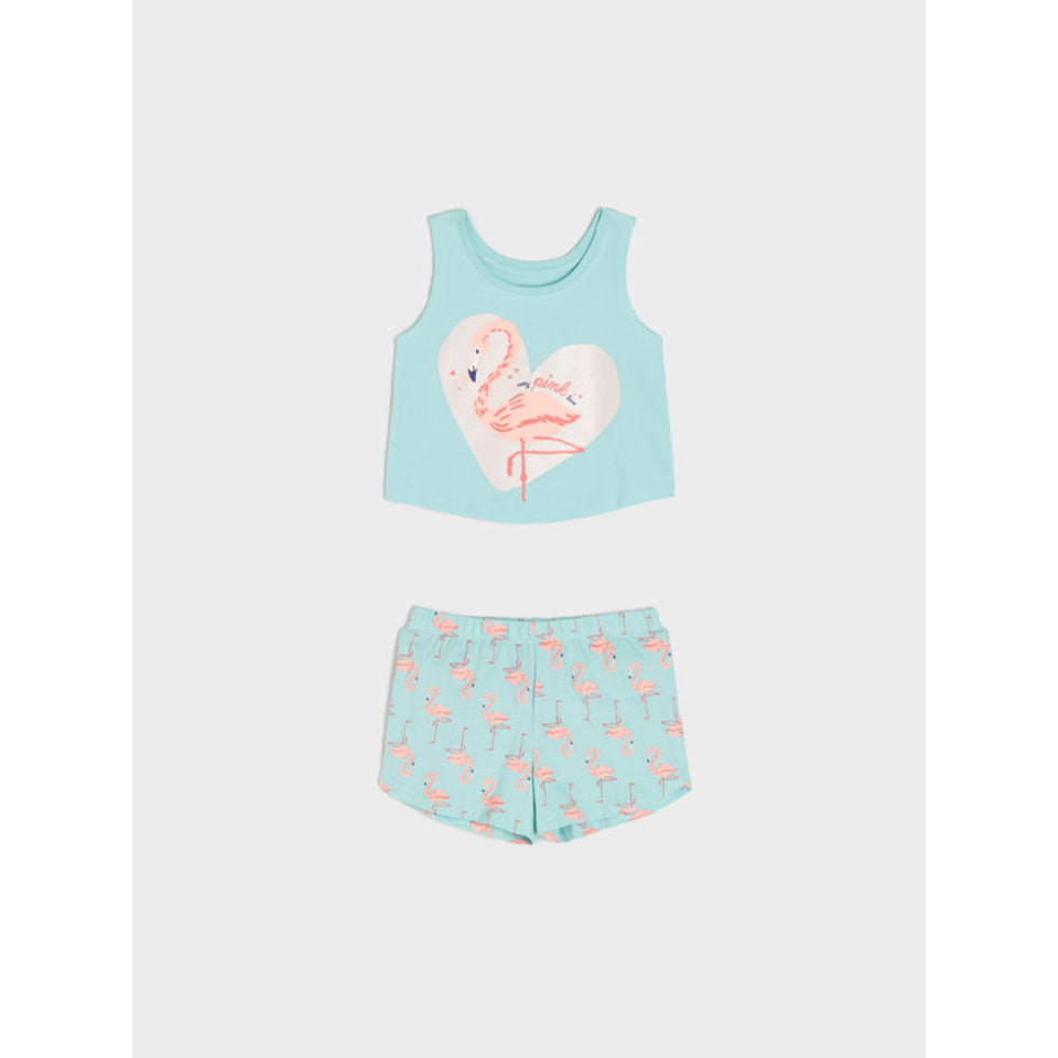 A two-piece girls' lounge set featuring a light blue tank top with a pink flamingo and heart graphic, paired with matching light blue shorts covered in a pink flamingo print.