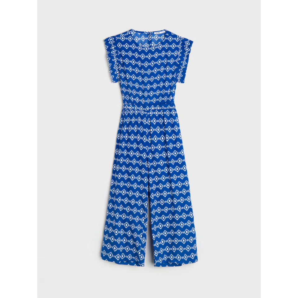 A blue and white patterned wide-leg jumpsuit with short cap sleeves, shown flat against a light gray background.