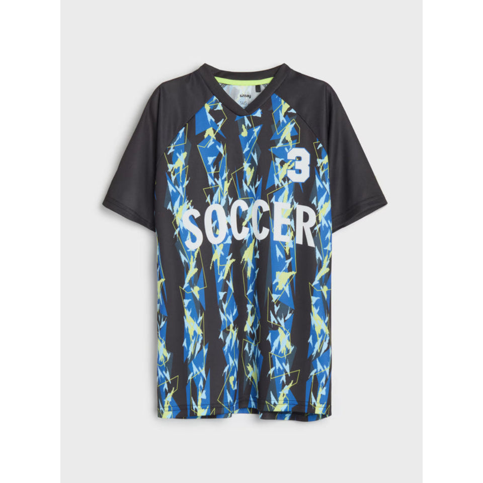 A short-sleeve athletic soccer jersey with a black collar and sleeves, featuring a blue, black, and yellow geometric pattern on the body and sleeves. The front has 'SOCCER' printed in white across the chest with the number '3' above it.