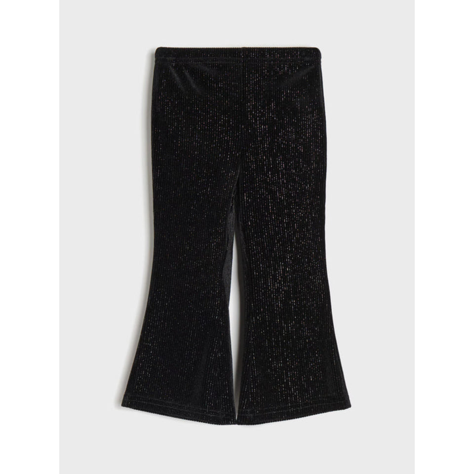 Black flared pants with a subtle glittery texture, shown flat against a light gray background.
