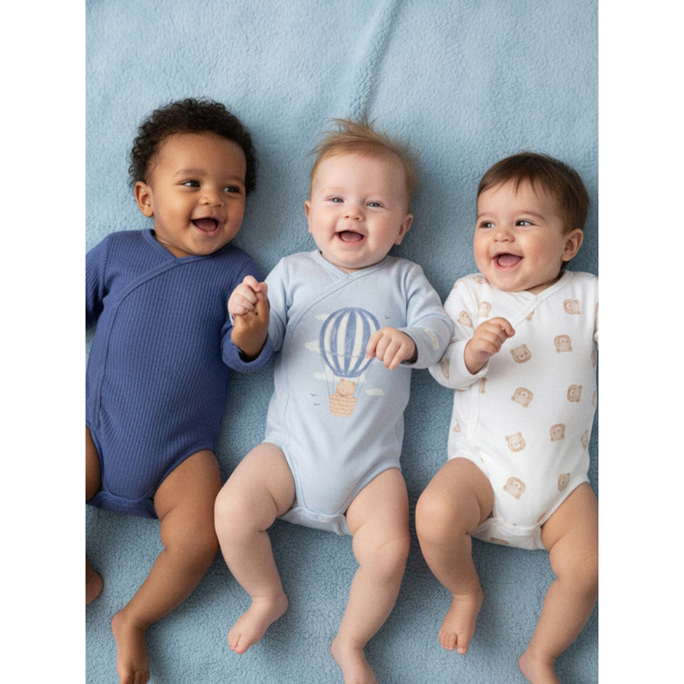Sinsay Baby Boy's Dark Blue/Light blue/White Ribbed Bear Print Long-Sleeve Wrap 3-pack Bodysuit