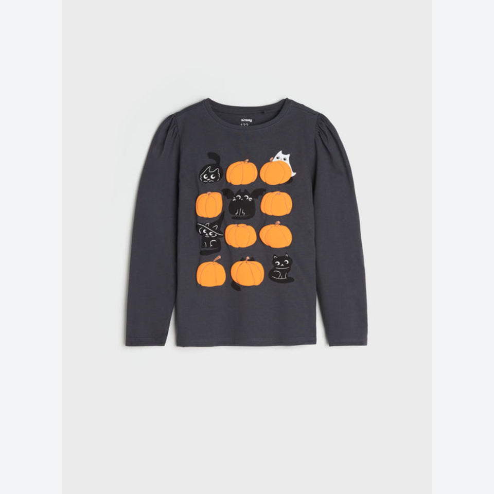 Sinsay Girl's Dark Grey Halloween Pumpkin and Bat Graphic Blouse