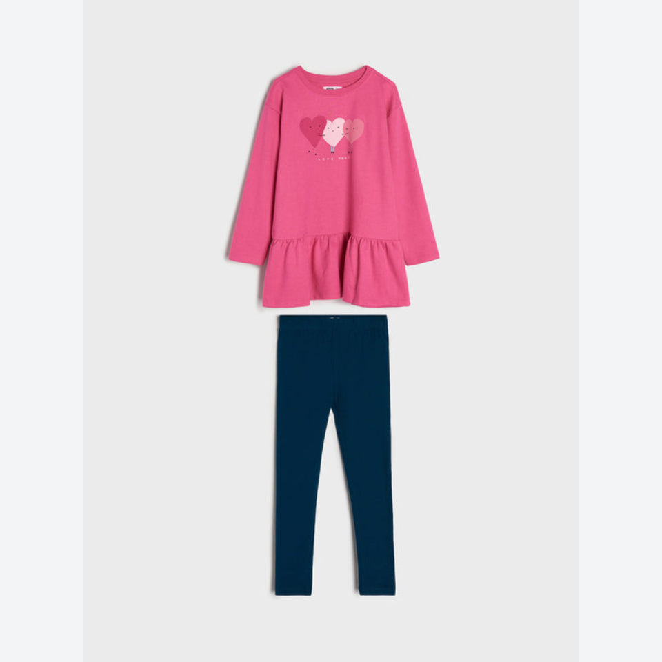 A two-piece children's outfit set featuring a bright pink long-sleeve top with a heart graphic on the chest and matching dark navy blue leggings, displayed flat against a light gray background.