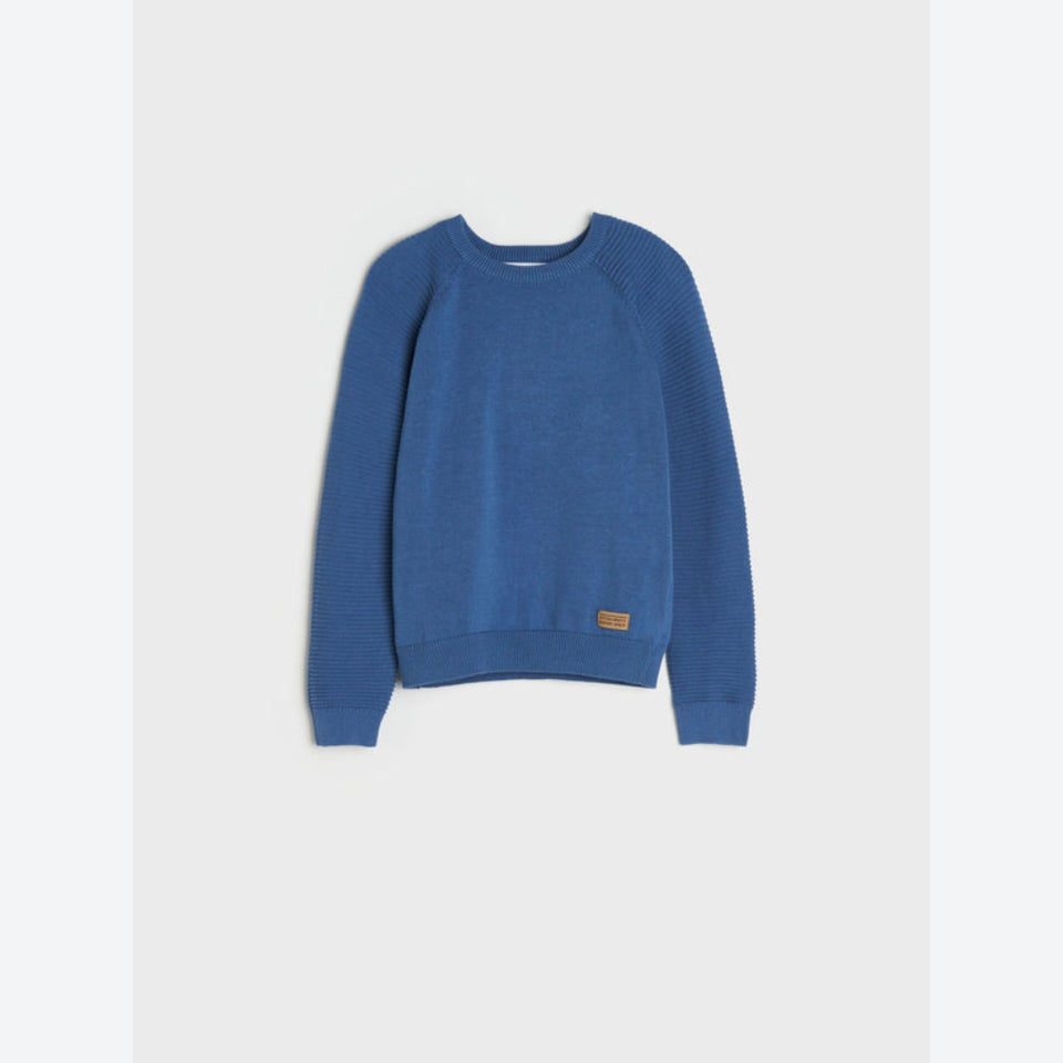 A blue textured knit crewneck sweater with raglan sleeves, displayed flat against a light gray background.