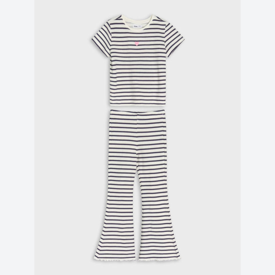 A two-piece girls' outfit set featuring a short-sleeve top and matching flared pants, both with thin navy and off-white horizontal stripes. A small pink embroidered heart is visible on the chest of the top.