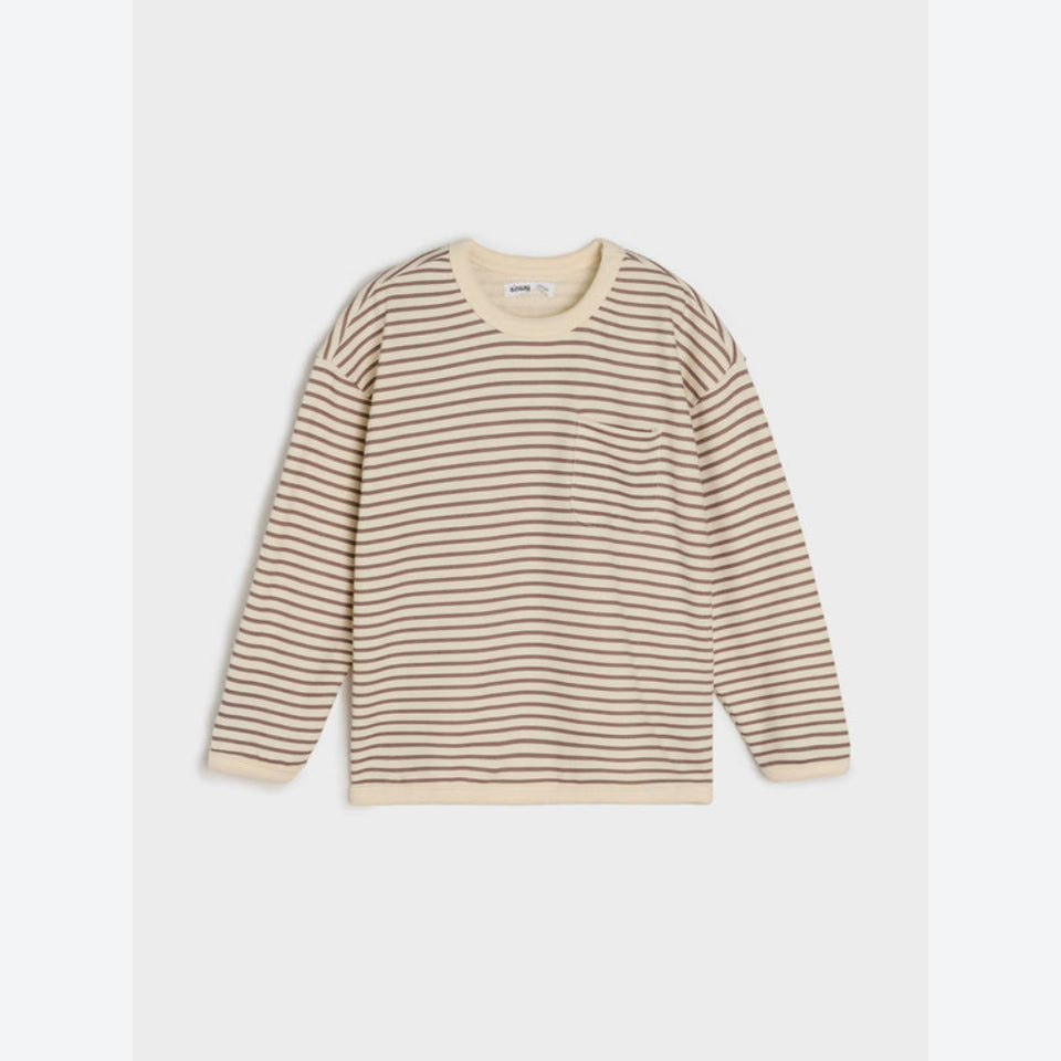 A beige and brown striped long-sleeve crewneck sweater with a small chest pocket, displayed flat against a light gray background.