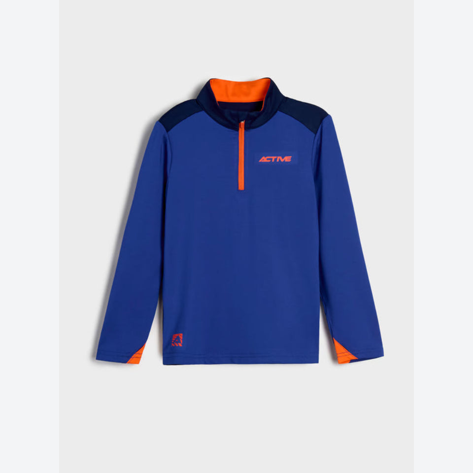 A royal blue and navy long-sleeve quarter-zip athletic pullover with bright orange accents on the collar, zipper, and sleeve cuffs, featuring the ACTIVE brand logo on the left chest.