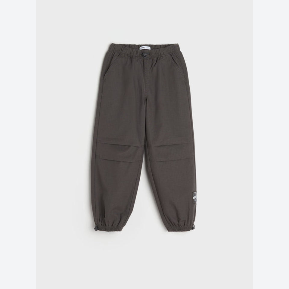 A pair of dark gray cargo jogger pants with an elastic waistband and tapered legs, shown flat on a light gray background.