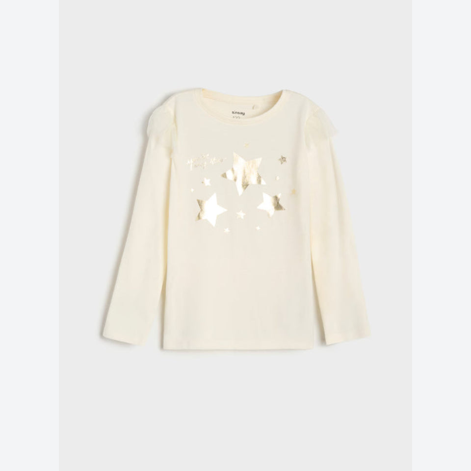 Sinsay Girl's Cream With Gold Foil Stars and Shoulder Ruffles Blouse