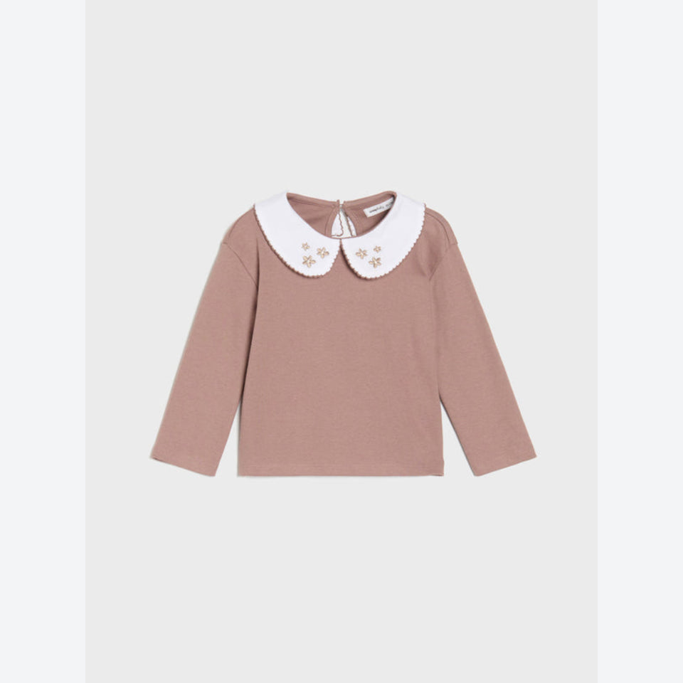 A toddler's long-sleeve knit top in dusty rose pink, featuring a contrasting white Peter Pan collar decorated with small embroidered bows and flowers.