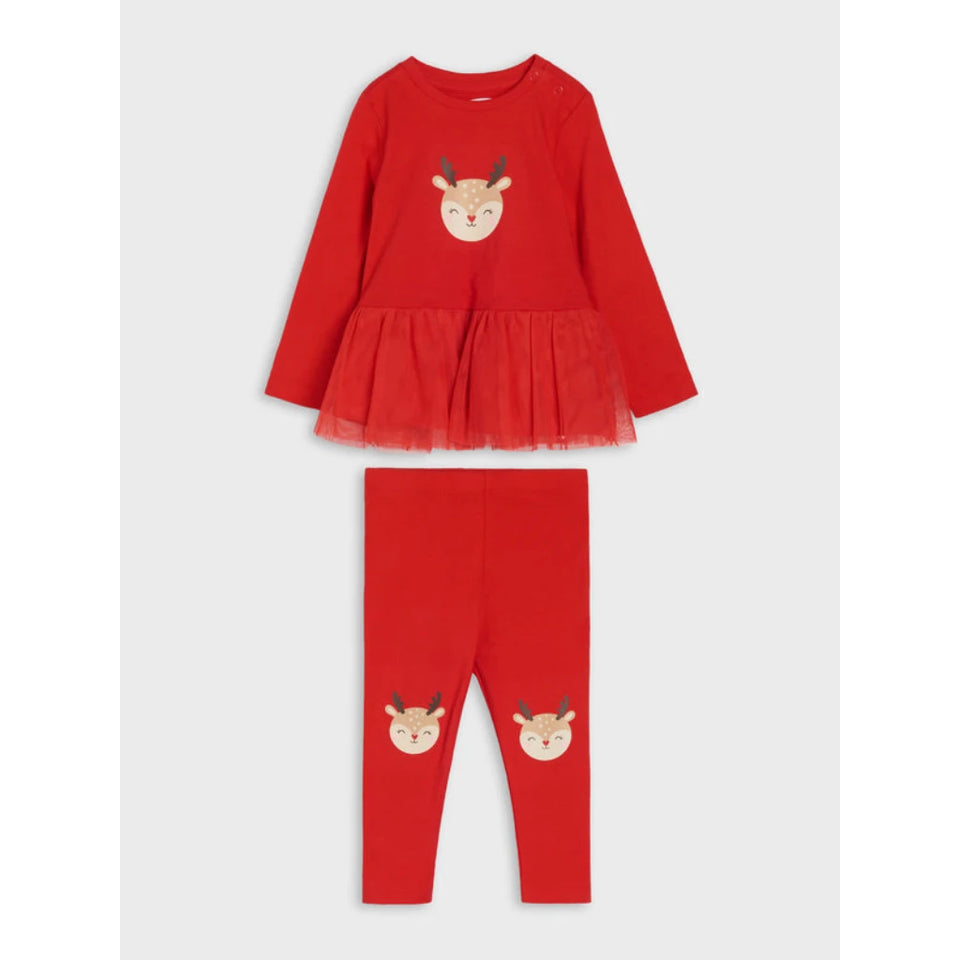 A two-piece toddler girl's outfit set in bright red, featuring a long-sleeve top with a ruffled tulle hem and a matching pair of leggings. Both pieces are decorated with a cute embroidered reindeer face on the chest and upper thigh.