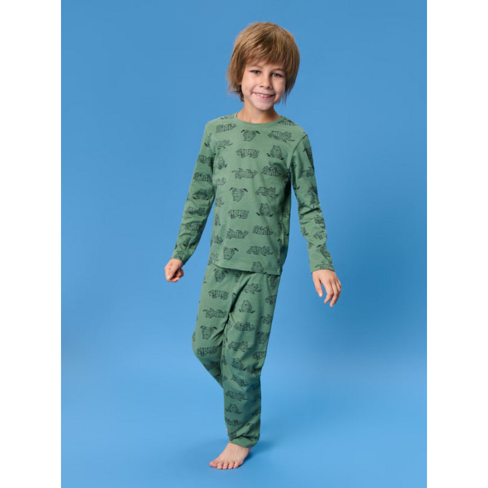 A young boy wearing a two-piece long-sleeve pajama set with an all-over dinosaur print, standing against a solid blue studio background.