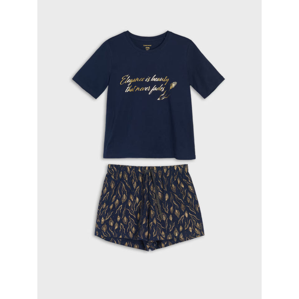 A two-piece kids' outfit set featuring a navy blue short-sleeve t-shirt with gold cursive text and matching navy shorts with a gold abstract pattern, displayed on a light gray background.