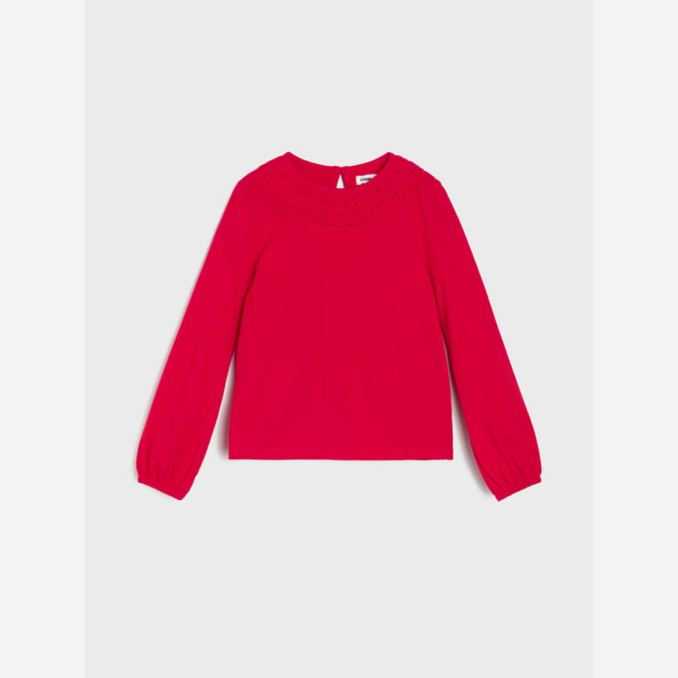 A bright red long-sleeve top with a delicate lace or crochet collar, displayed flat against a light gray background.