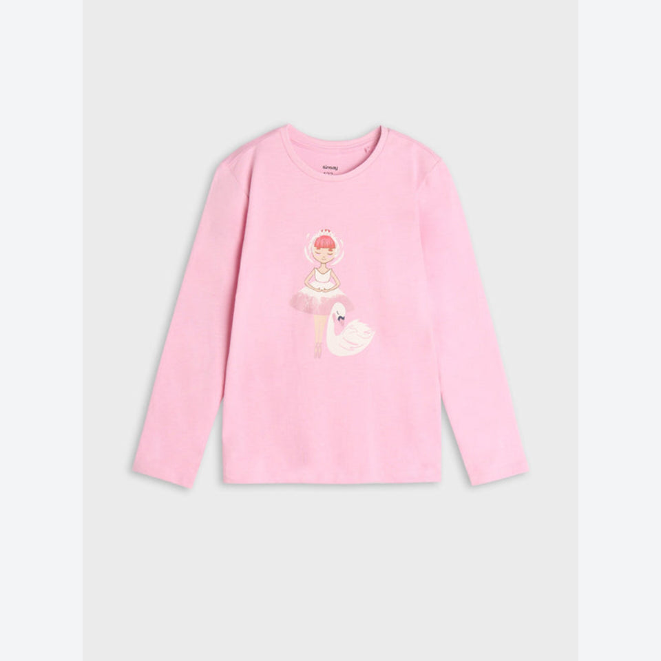 A light pink long-sleeve crewneck shirt featuring a central graphic of a ballerina in a pink tutu with a swan next to her, displayed on a light gray background.