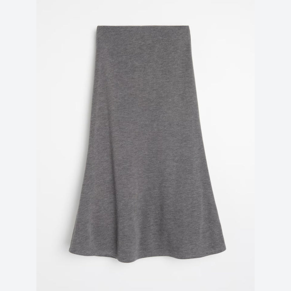 A heather gray knit midi skirt with a flared silhouette, shown flat against a plain white background.