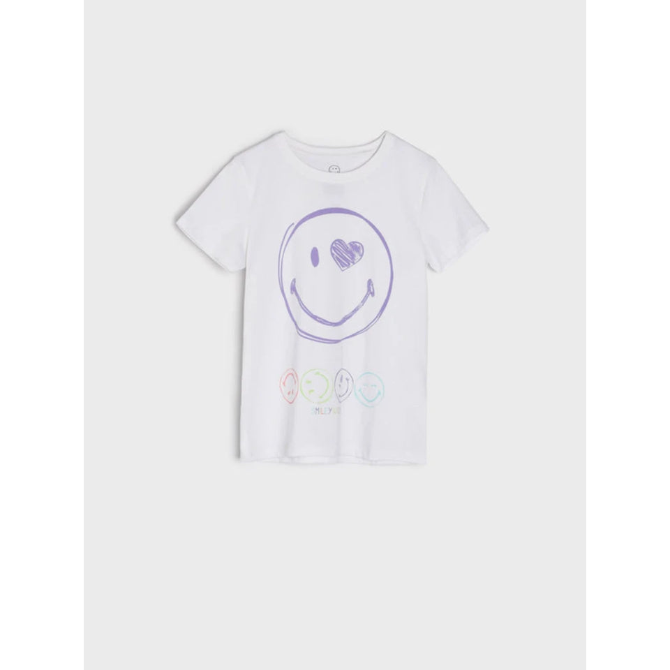 A white short-sleeve t-shirt with a purple smiley face graphic on the front, featuring a heart-shaped eye and small pastel smiley faces underneath, displayed against a light gray background.