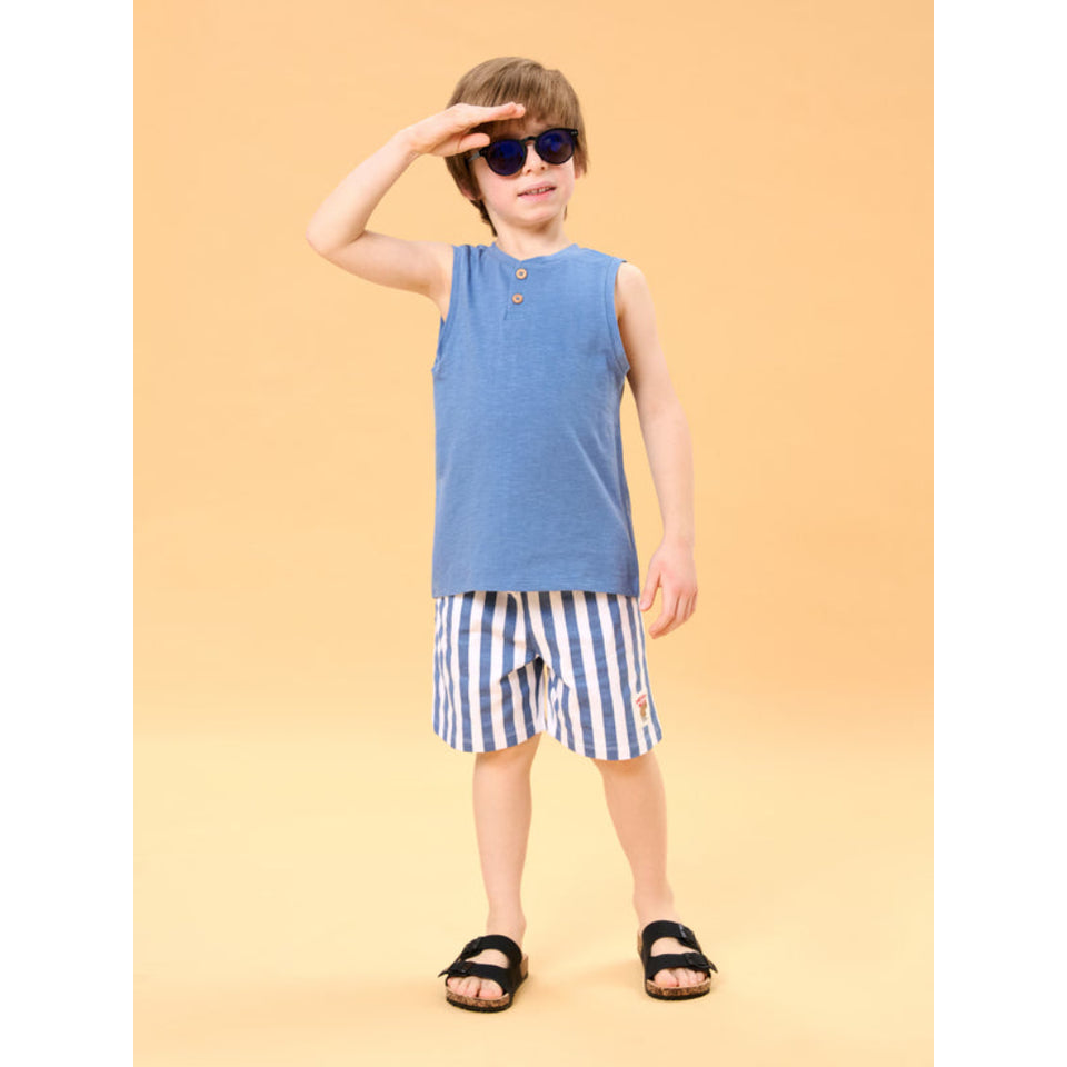 Sinsay Boy's Blue Button-Shoulder Tank Top and Striped Shorts Set