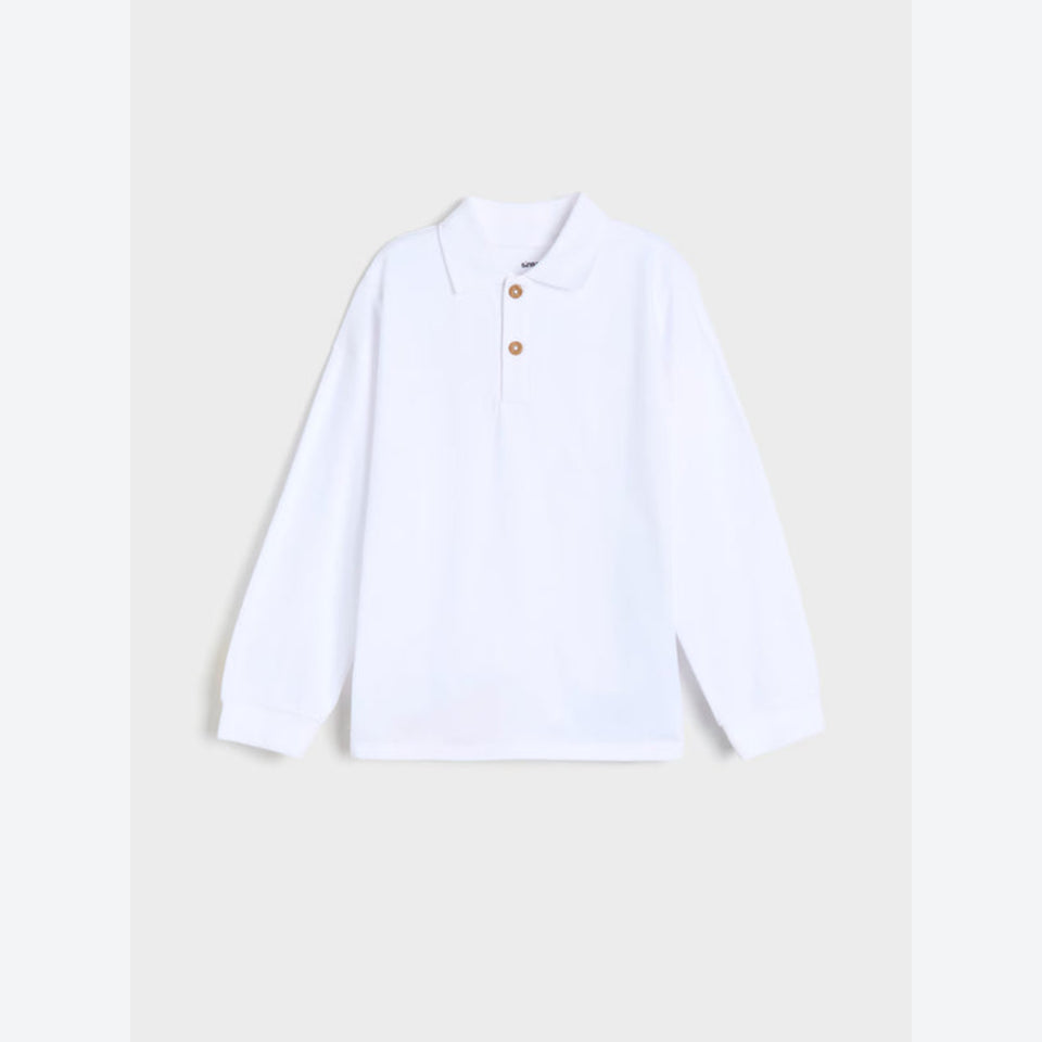 A white long-sleeve polo shirt with a two-button placket, displayed flat against a light gray background.