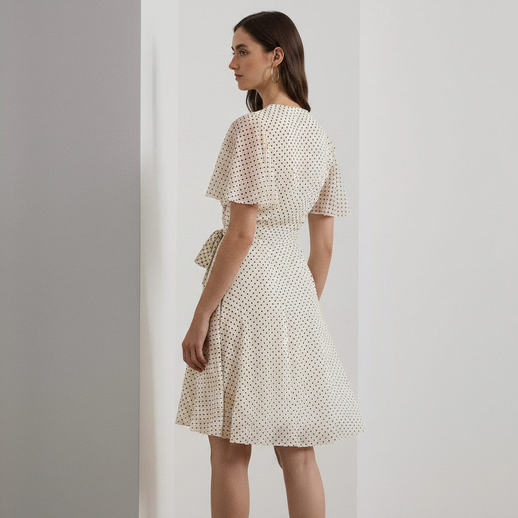 A woman wearing a cream-colored short-sleeve dress with a small black polka dot pattern, shown from a side-back angle against a minimalist light gray background.