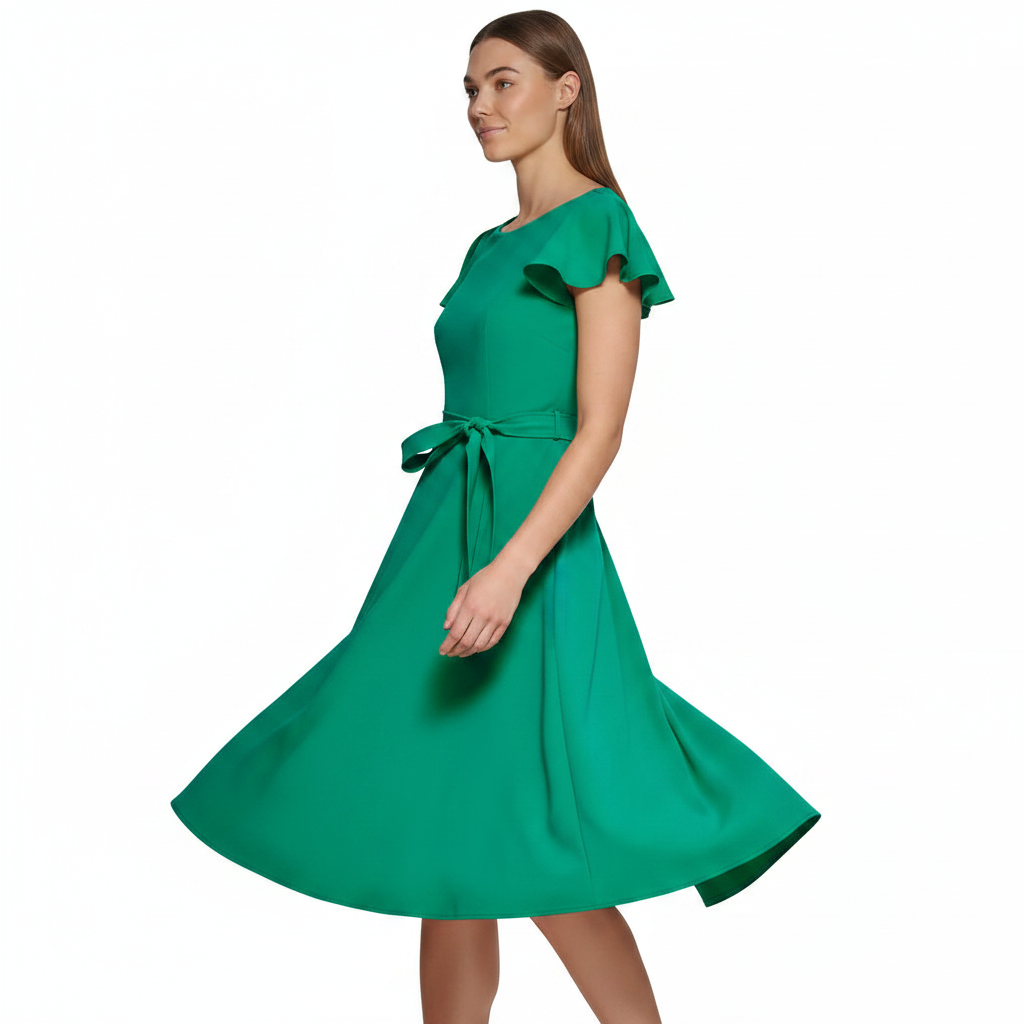 A woman modeling a bright green A-line dress with ruffled cap sleeves and a matching waist tie, photographed against a plain white background.