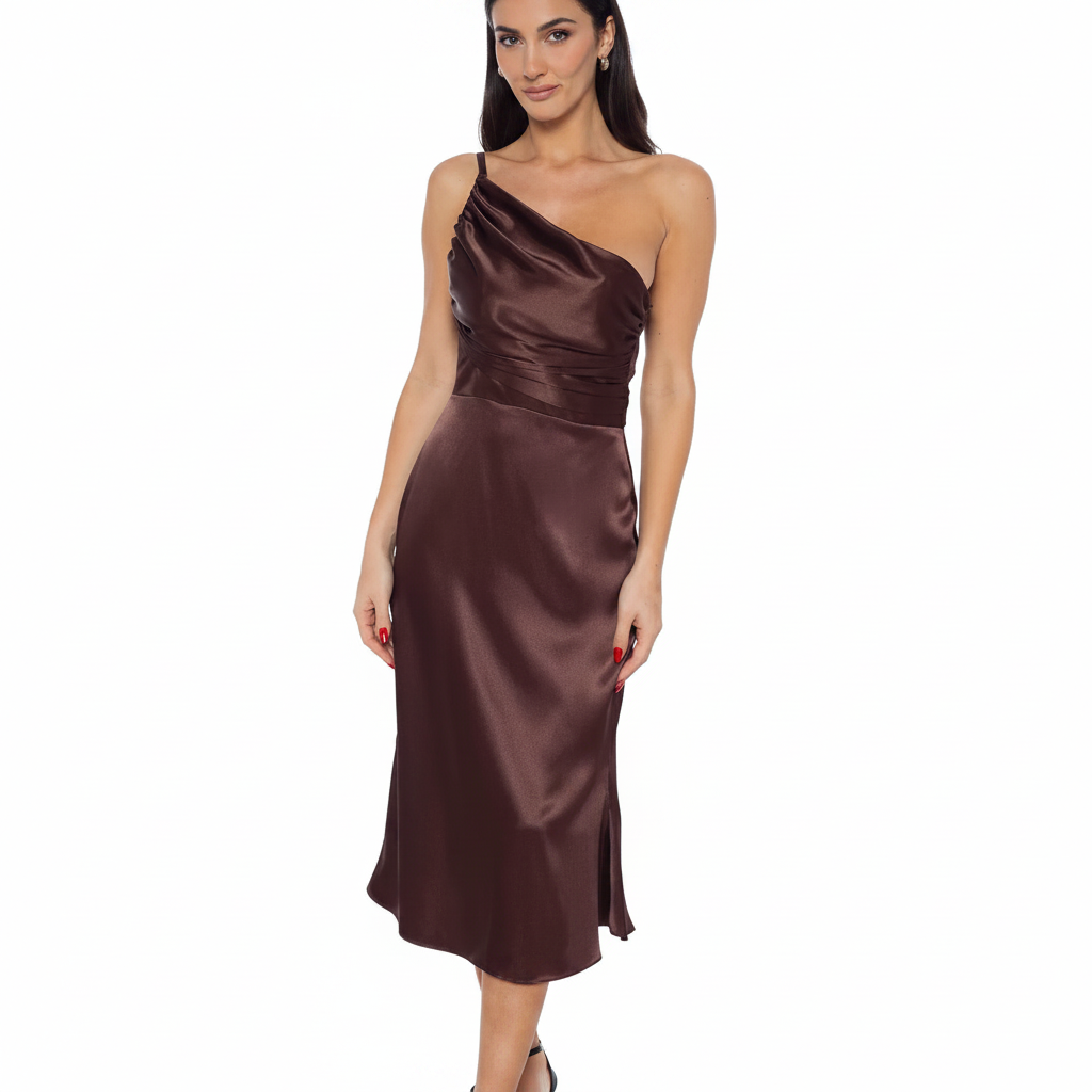 A woman modeling a one-shoulder satin midi dress in a deep chocolate brown color, set against a plain white background.