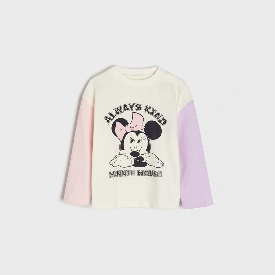 Sinsay Girl's Off-White Minnie Mouse Printed Multicolor Sleeves Blouse flat lay on white background